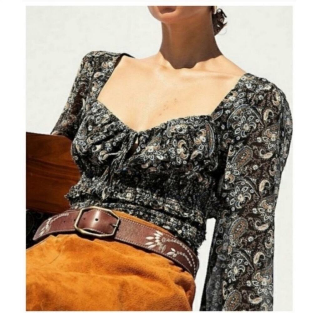 Free People Lolita Floral Peasant Smocked Top Size M